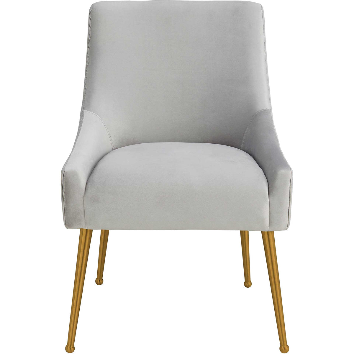 A cushioned light gray velvet seat and low curved sides offer a refined place at the dining table. || TOV-D6438 || front_studio