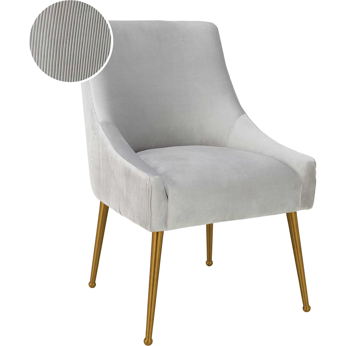 Light gray velvet pairs smooth seating with a finely pleated exterior for understated elegance.
