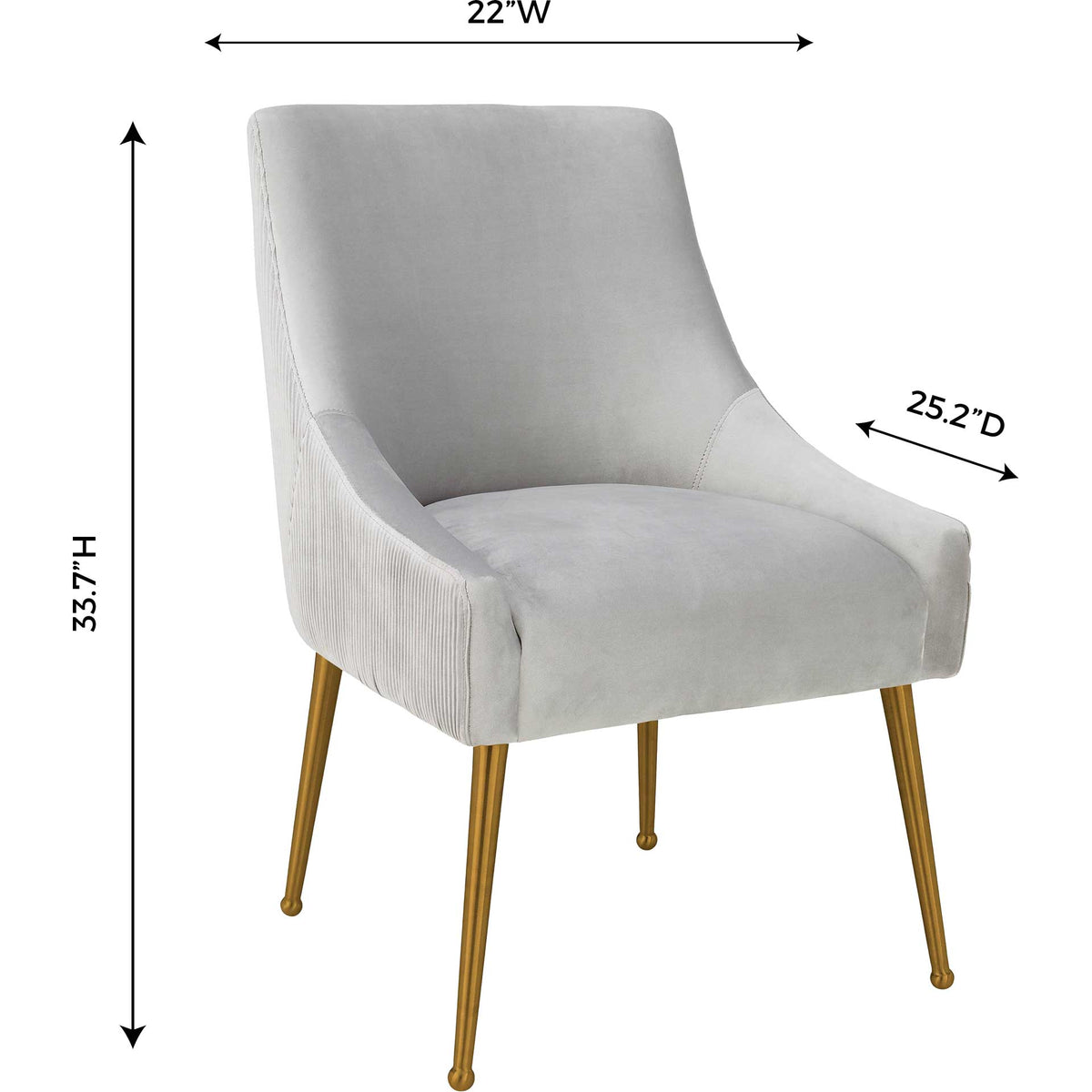 A 22-inch width and 33.7-inch height give this light gray velvet chair a compact, graceful silhouette.