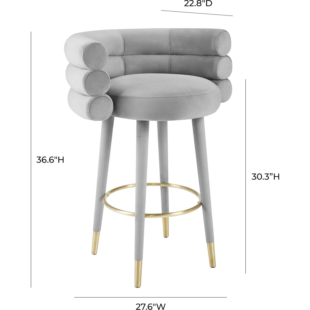 Gray velvet barstool offers a 30.3-inch seat height, wraparound padding, and gold-tipped legs