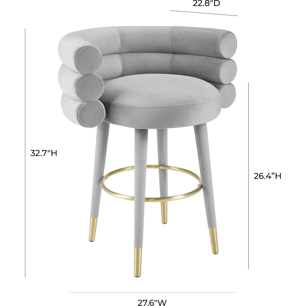 Gray velvet counter stool with a 26.4-inch seat height, curved padded back, and gold footrest