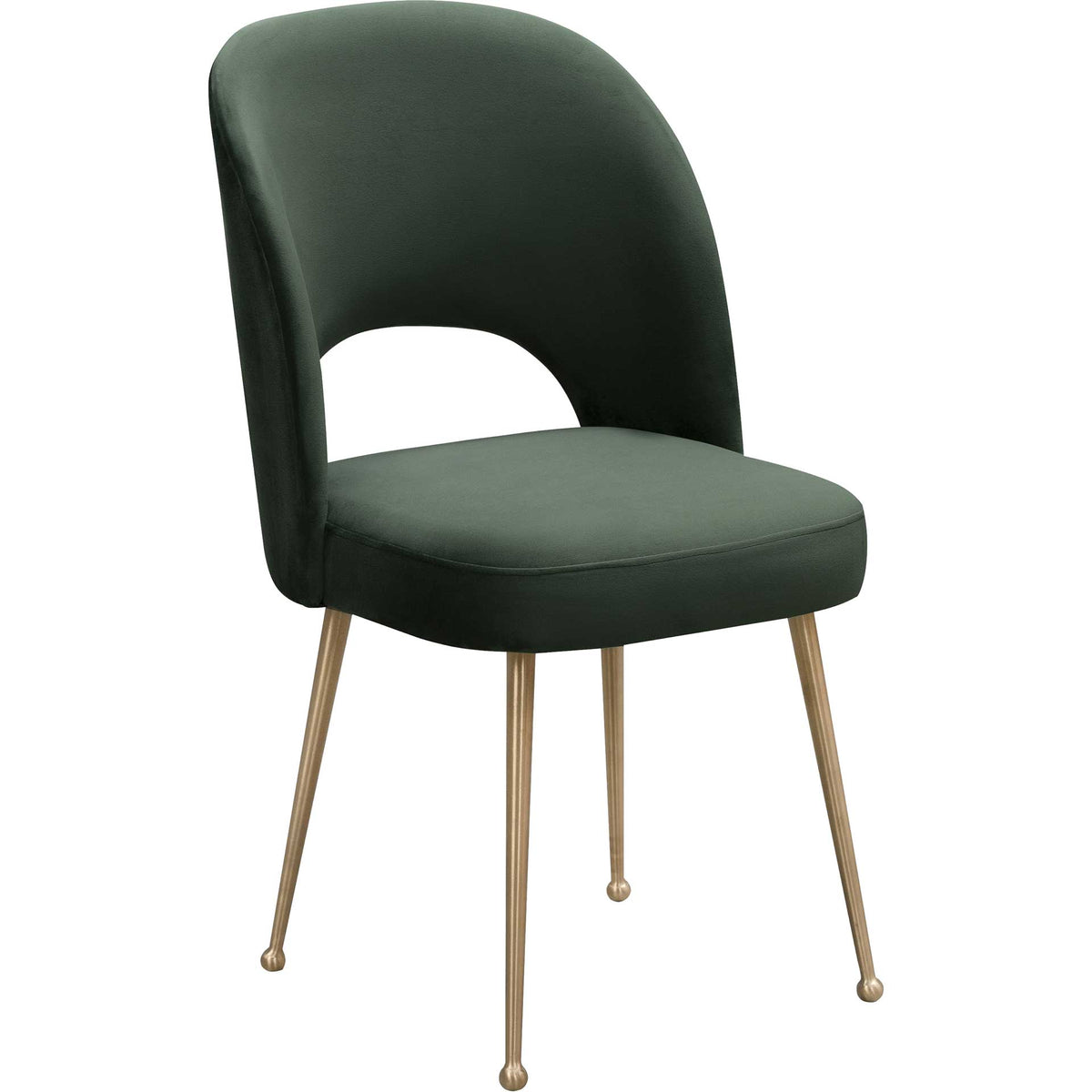 Forest green velvet and tapered gold legs bring rich color to a softly curved dining chair || TOV-D6486 || front_angle_studio