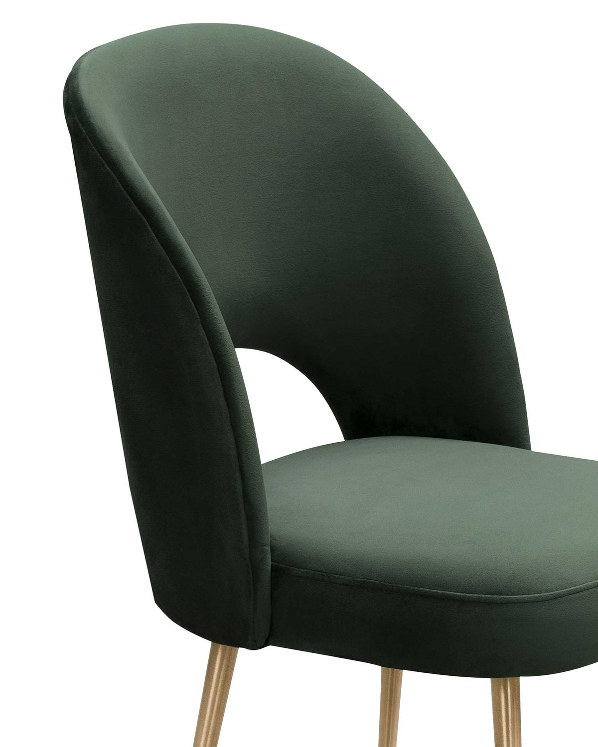Smooth forest green velvet and careful stitching highlight the curved back and padded seat