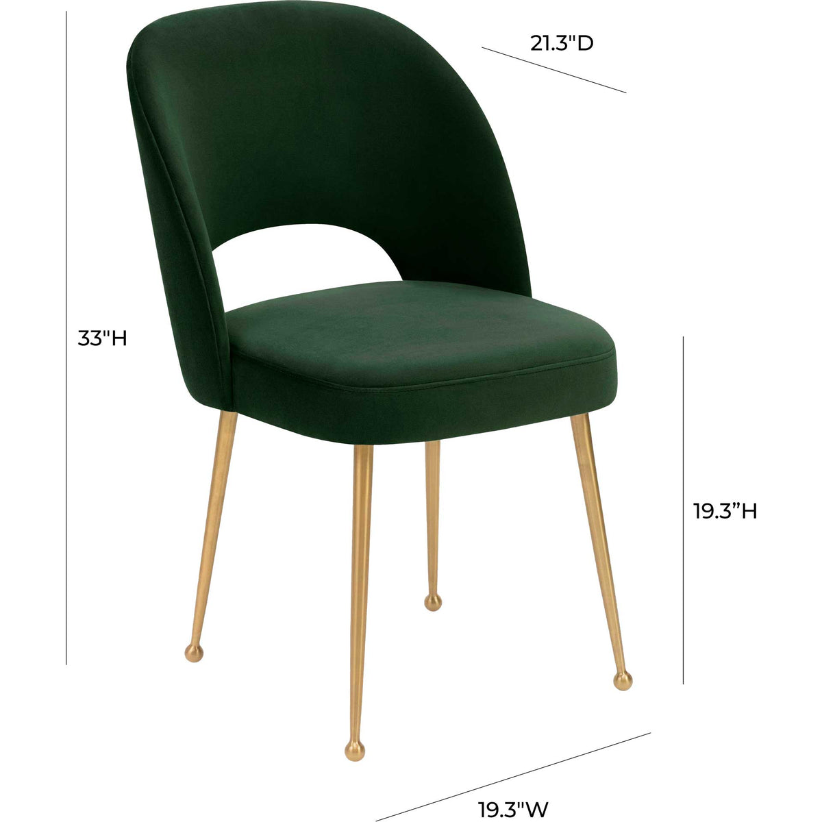 A forest green velvet chair with a 19.3-inch seat height and sleek, splayed gold legs