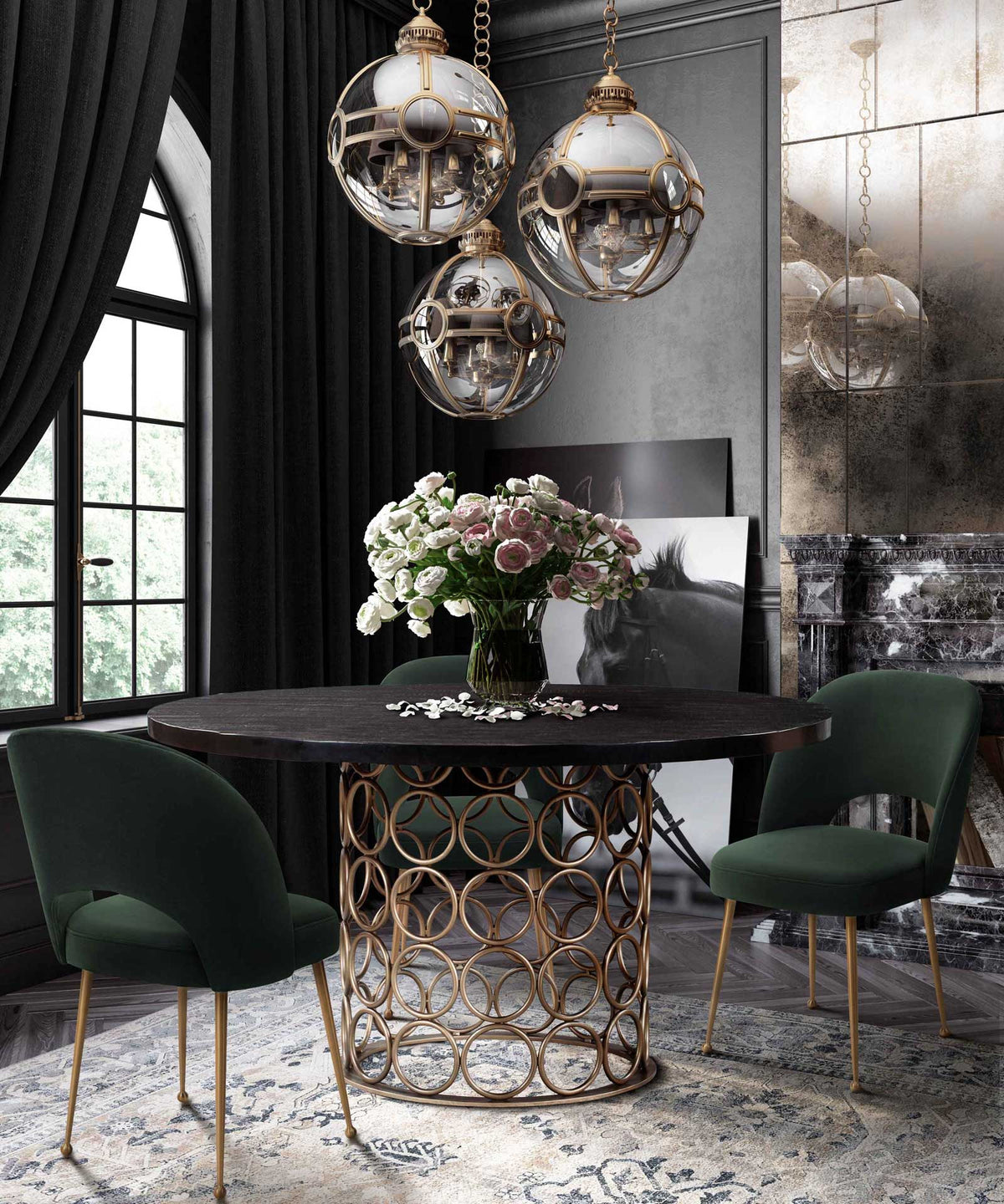 Forest green velvet chairs pair plush seats and slim gold legs with a black dining table