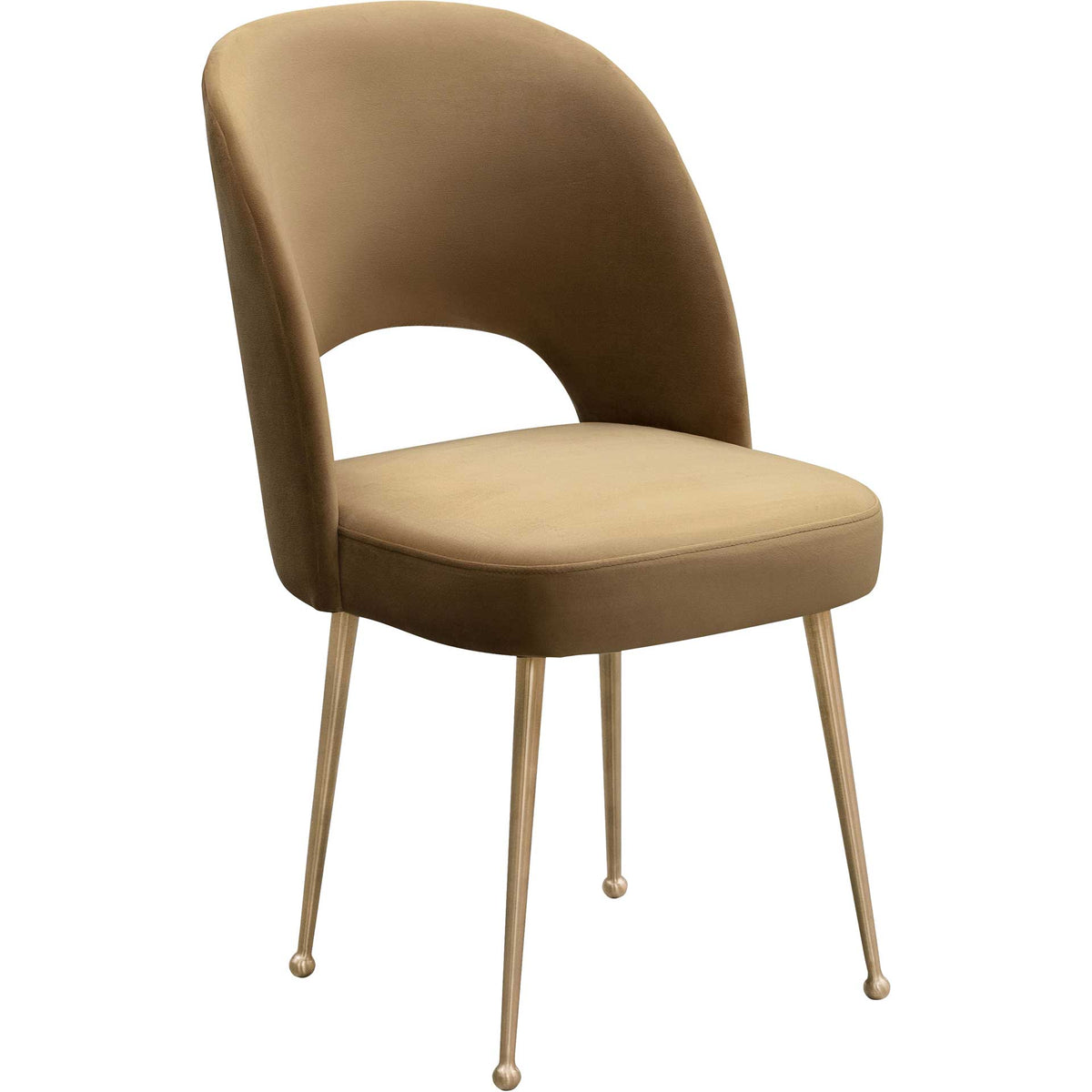 Rich cognac velvet covers a curved dining chair with a cushioned seat and slender gold legs || TOV-D6487 || front_angle_studio