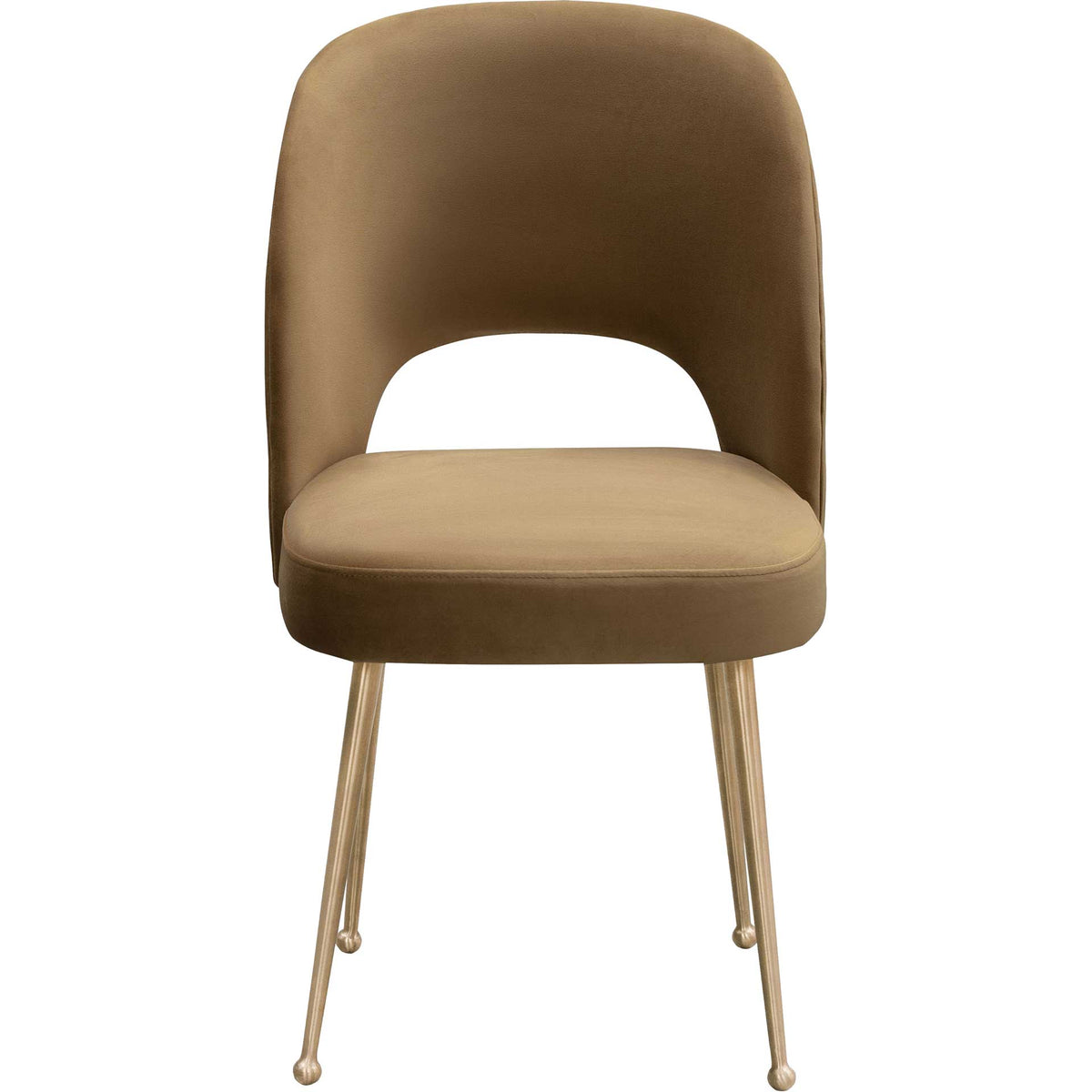 Warm cognac velvet, an arched back opening, and a rounded seat create an inviting dining chair || TOV-D6487 || front_studio