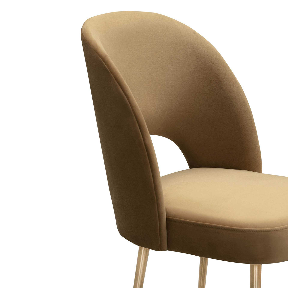 Soft cognac velvet and clean stitched seams accent the padded seat and gently curved back