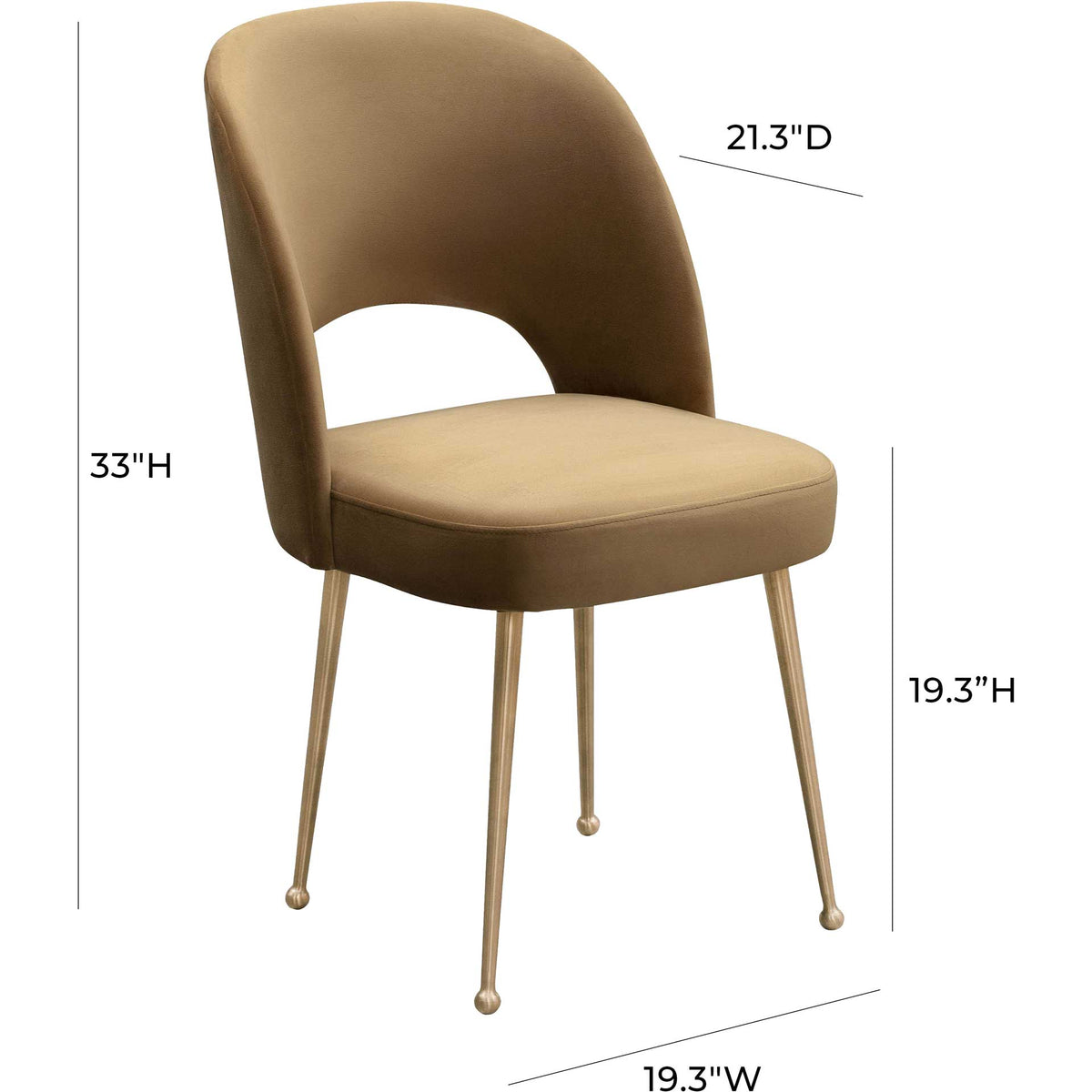 A cognac velvet chair pairs a 19.3-inch seat height with an airy cutout back and gold legs