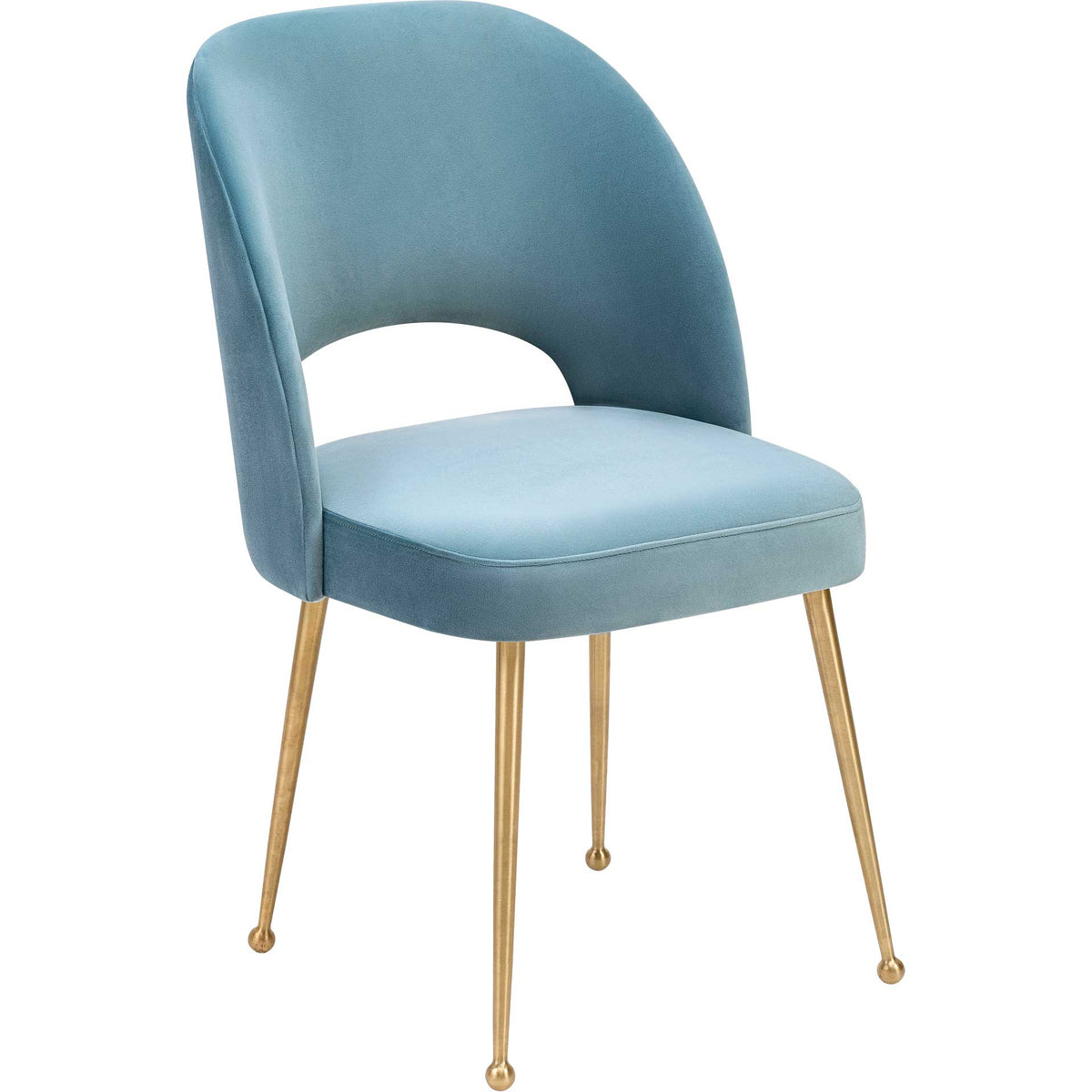 Sea blue velvet wraps a curved dining chair with a plush seat and tapered gold legs || TOV-D66 || front_angle_studio