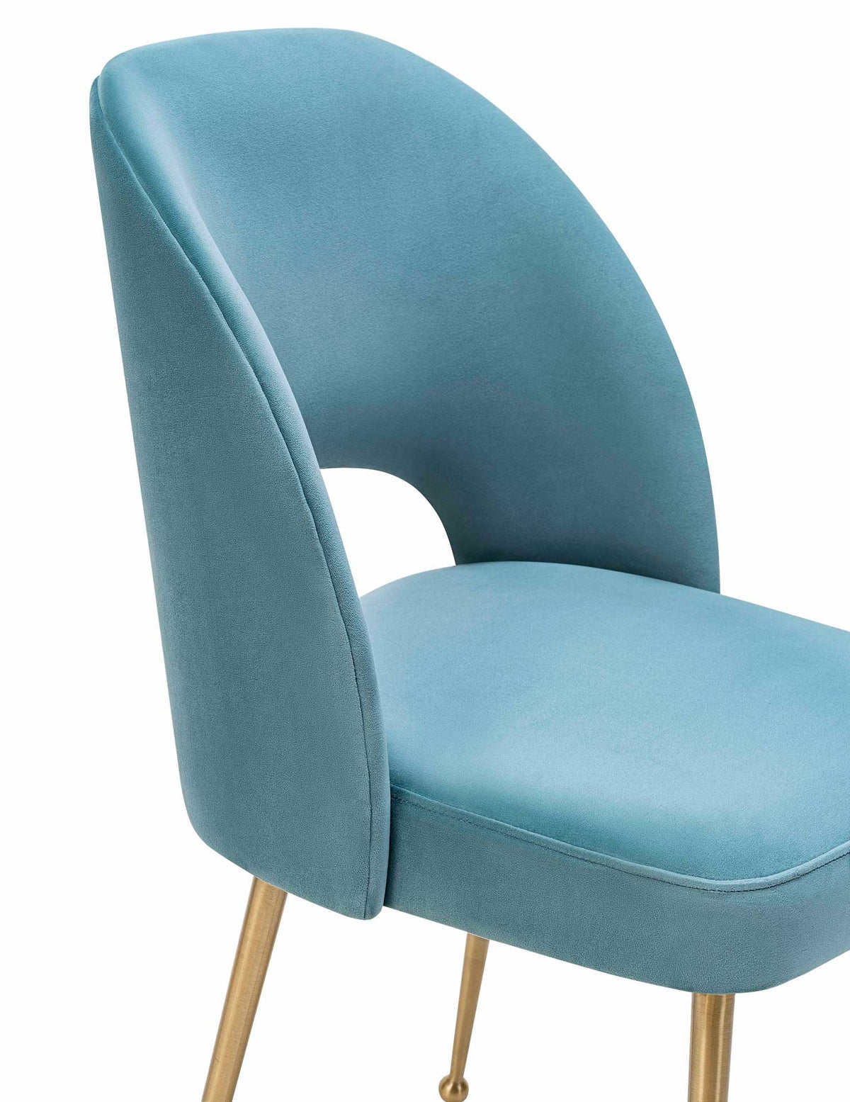 Soft sea blue velvet and neat stitched edges accent a gently curved back and cushioned seat
