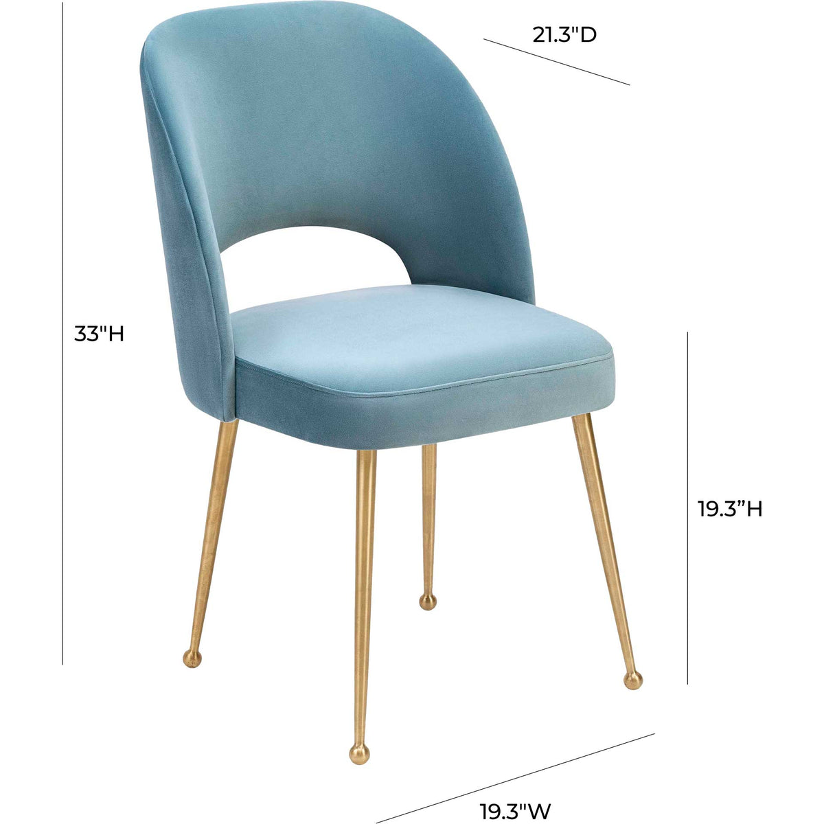 A sea blue velvet dining chair with a 19.3-inch seat height and sleek gold legs