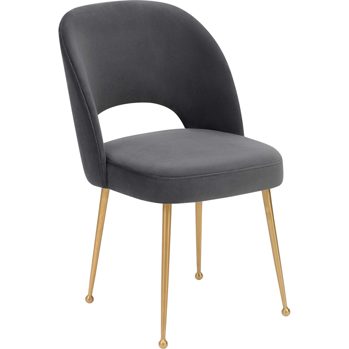 Dark gray velvet and gleaming gold legs give this armless dining chair a glamorous edge || TOV-D67 || front_angle_studio