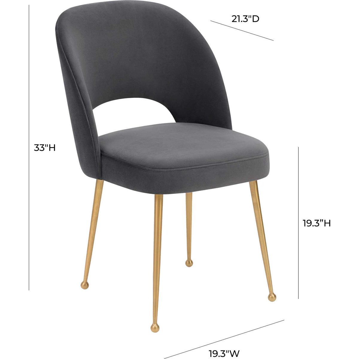 A dark gray velvet dining chair with a 19.3-inch seat height and slender gold-finished legs