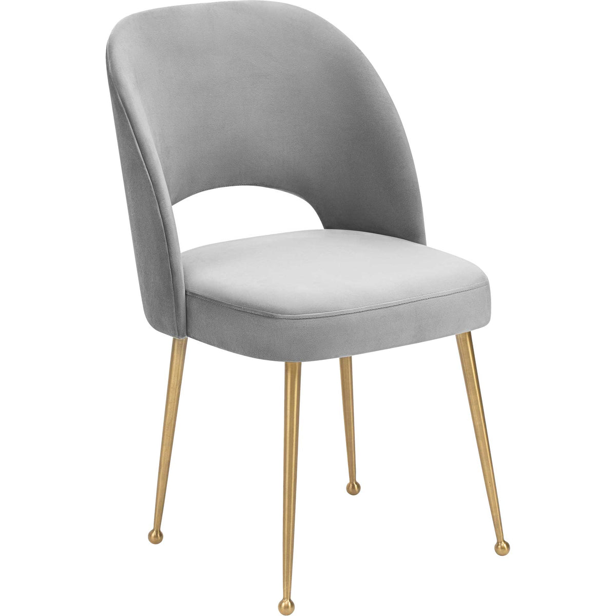 Light gray velvet and slender gold legs give this curved dining chair an understated glamour || TOV-D68 || front_angle_studio