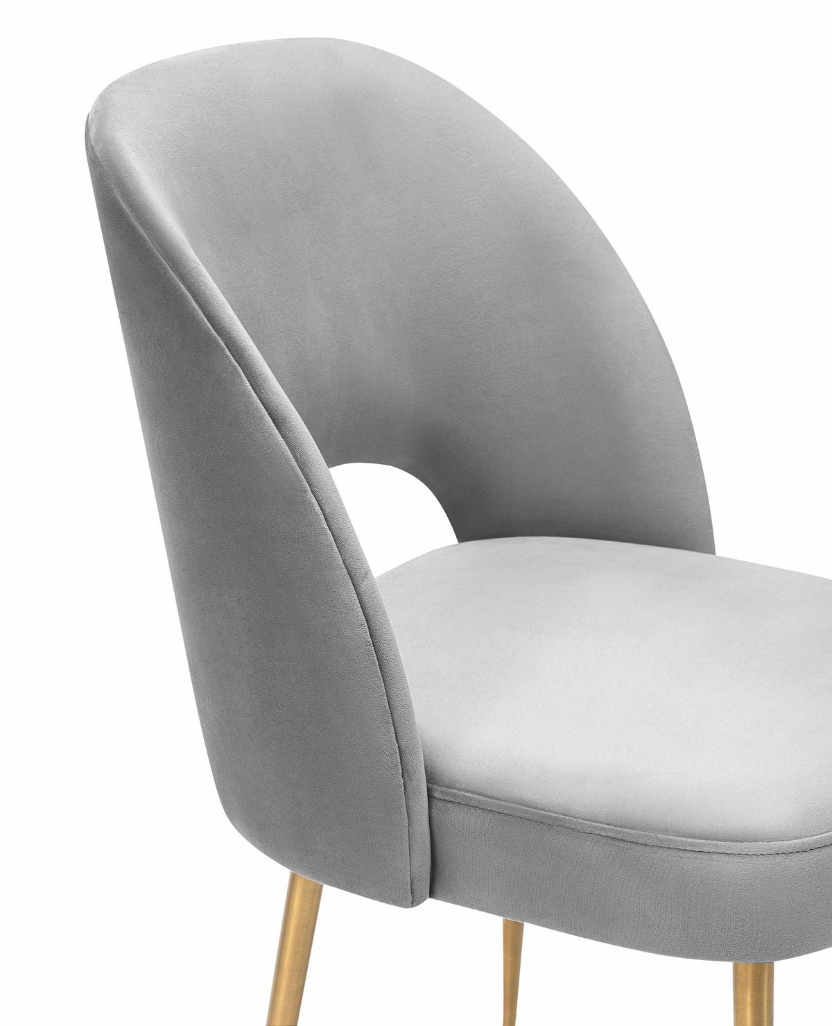 Fine light gray velvet and neat seams highlight the padded seat and softly curved back