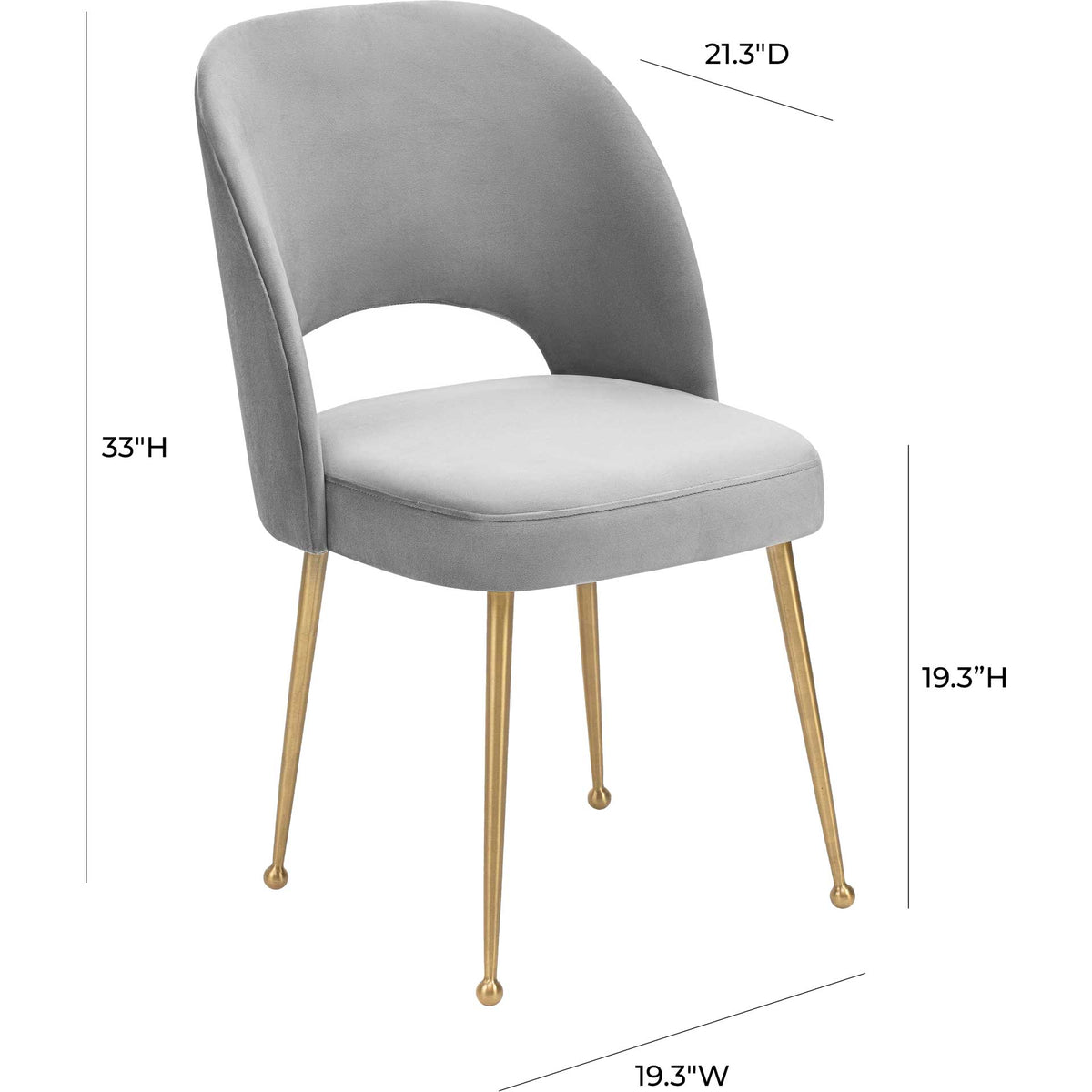 A light gray velvet dining chair with a 19.3-inch seat height and gleaming gold legs