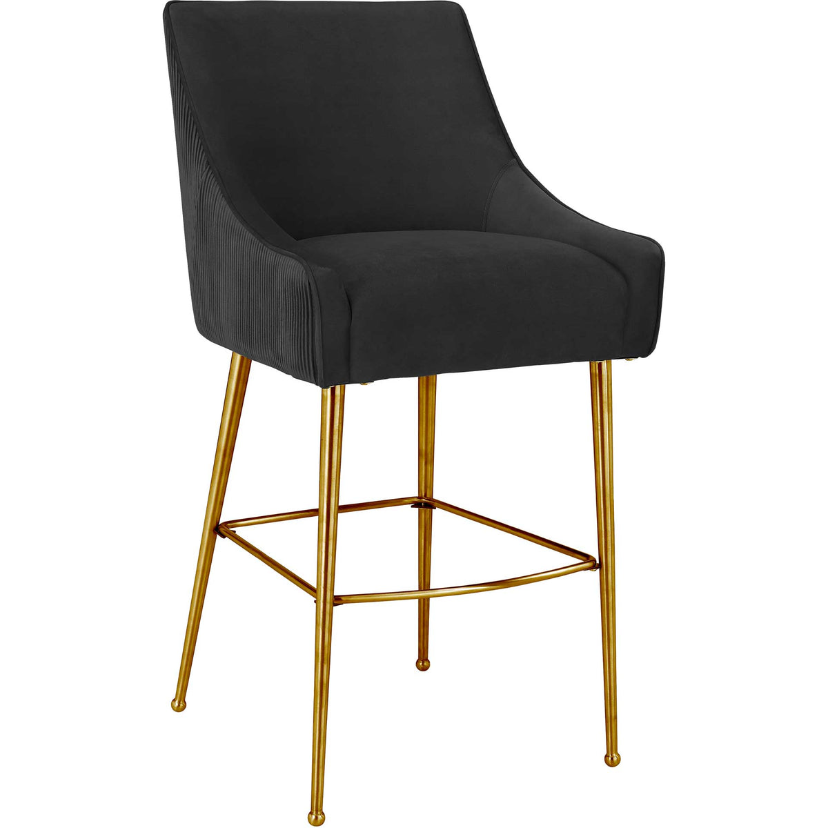 Black velvet bar stool pairs a curved back and low arms with slender gold legs || TOV-D68223 || front_angle_studio