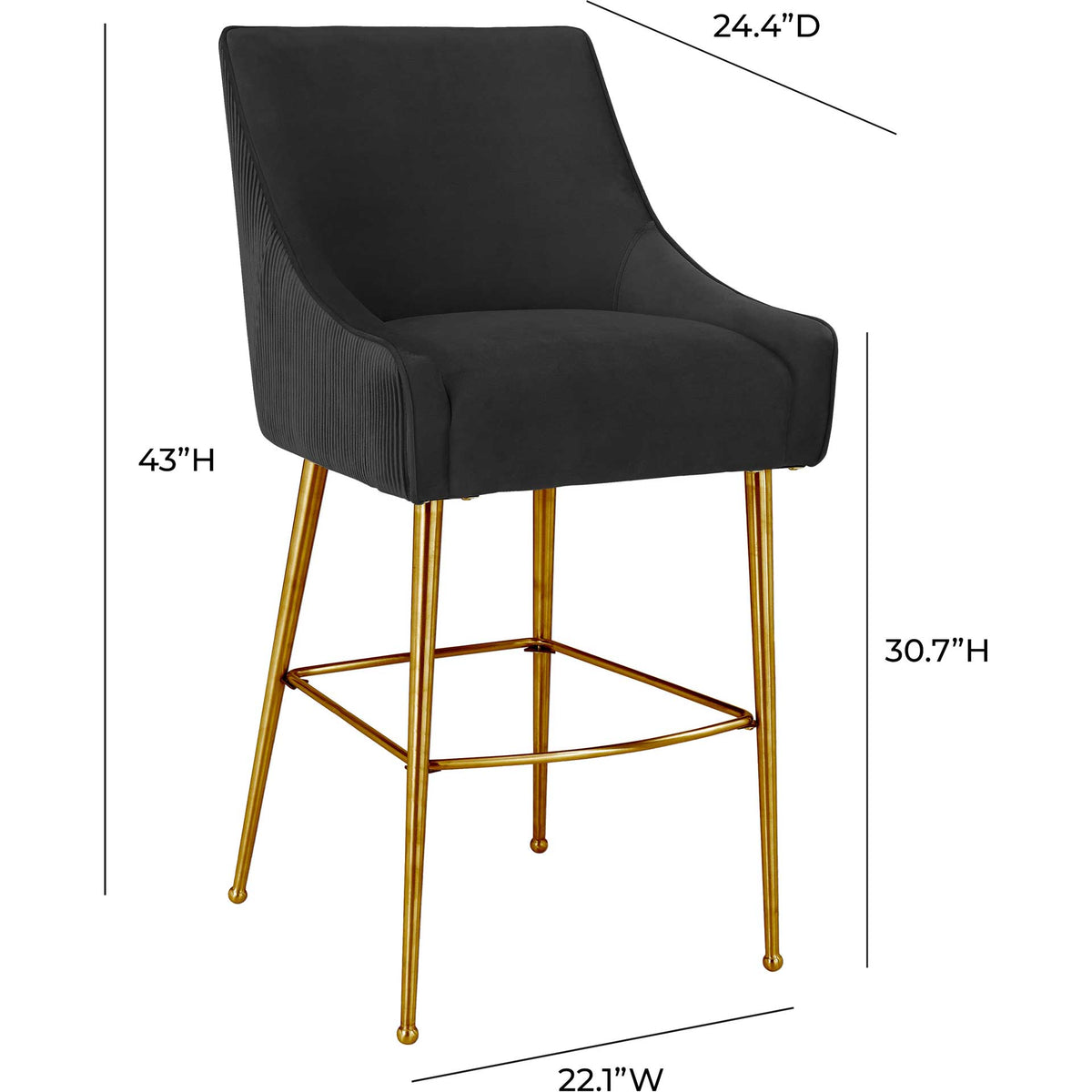Black velvet bar stool stands 43 inches tall with a 30.7-inch seat and gleaming gold legs