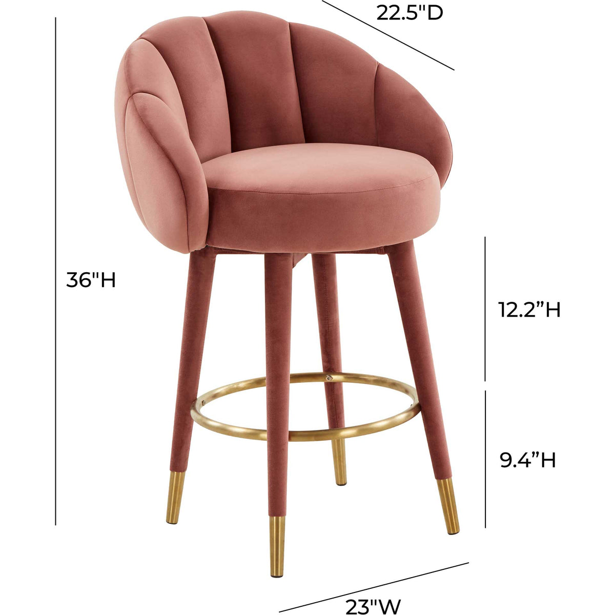 Salmon velvet counter stool is 36 inches tall and 23 inches wide with a sculpted upholstered back