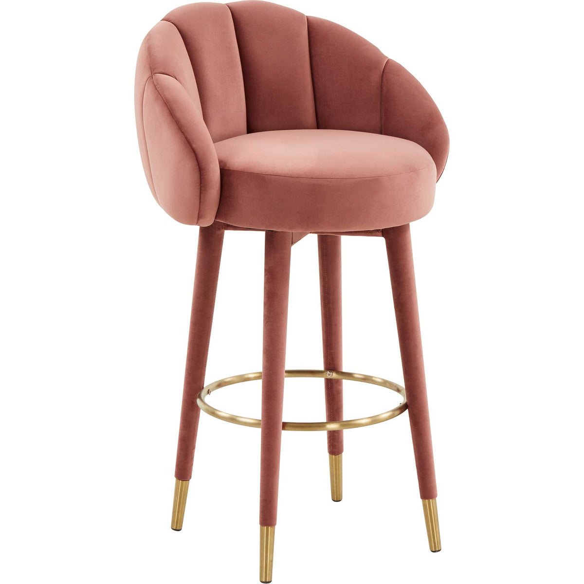 Salmon velvet bar stool with a petal-shaped back, tapered upholstered legs, and gold accents || TOV-D68240 || front_angle_studio