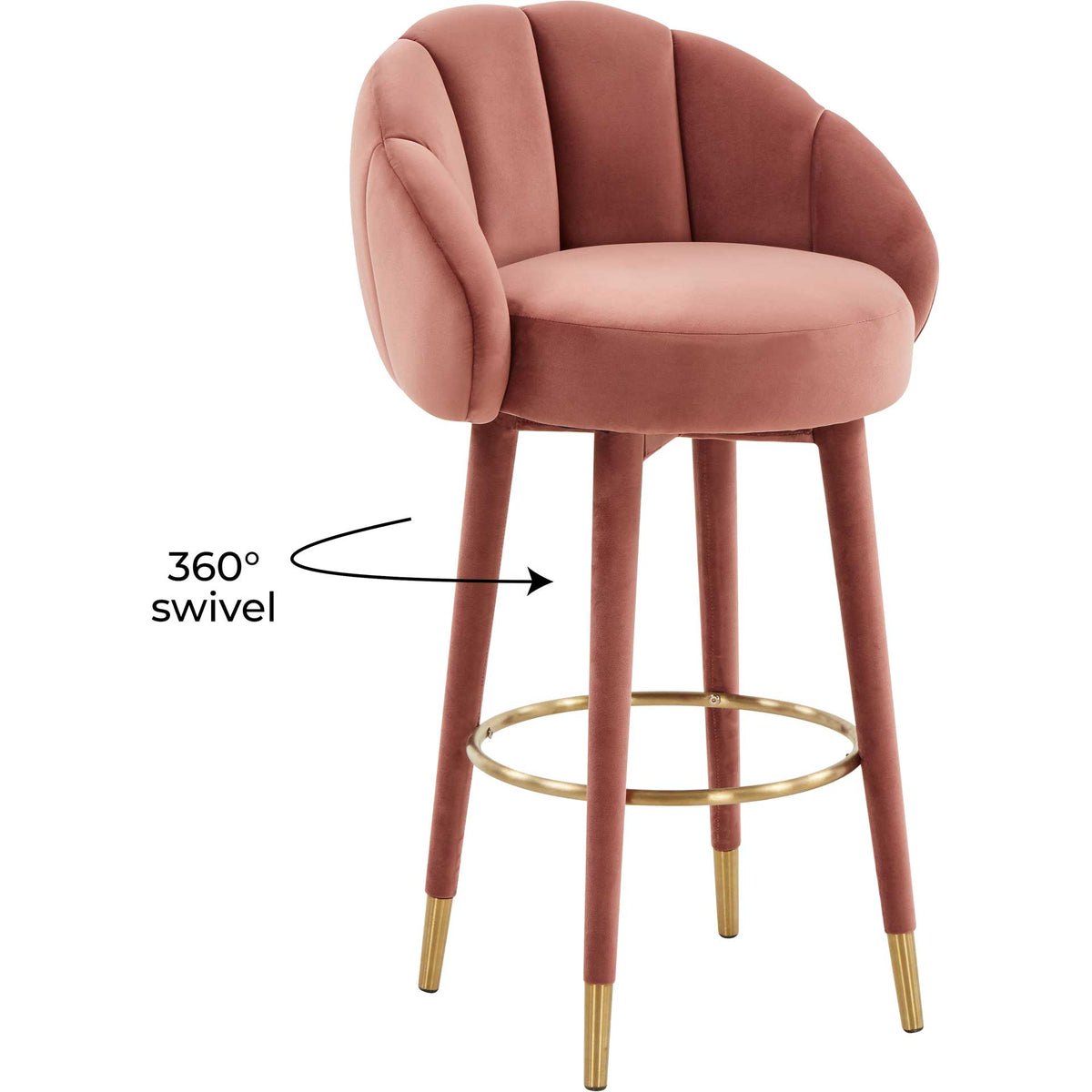 Salmon velvet bar stool offers a 360-degree swivel with a curved back and a gleaming gold footrest