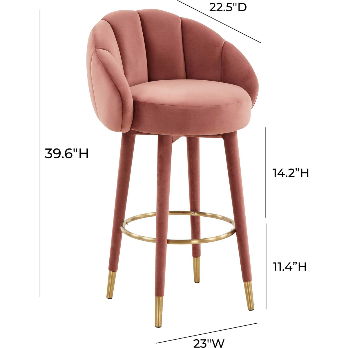 Salmon velvet bar stool measures 23 inches wide and 39.6 inches tall with sleek gold-tipped legs