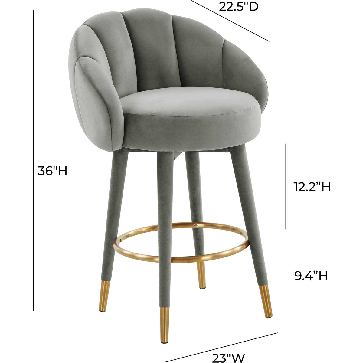 Light gray velvet counter stool stands 36 inches tall with a 23-inch width and curved cushioned back