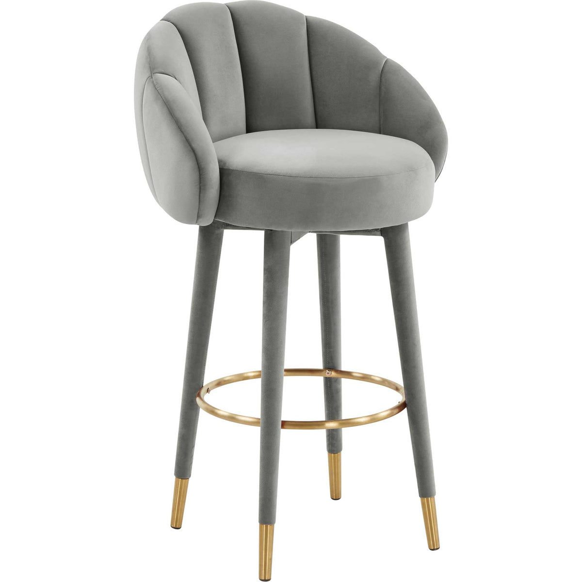 Light gray velvet bar stool with a scalloped back, slender legs, and a gold ring footrest || TOV-D68242 || front_angle_studio