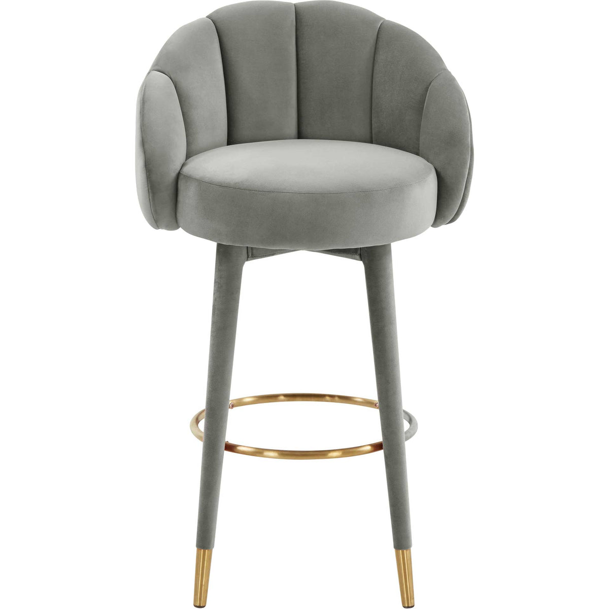A plush round seat meets a channel-paneled gray velvet back and sleek gold-tipped legs || TOV-D68242 || front_studio