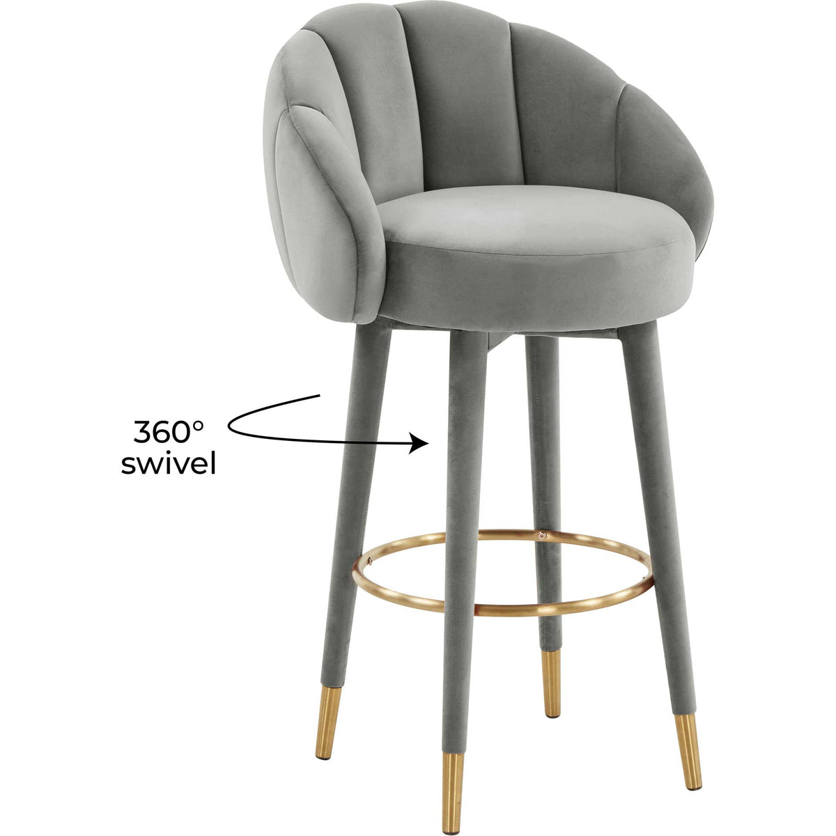 Light gray velvet bar stool combines 360-degree swivel seating with a sculpted back and gold accents