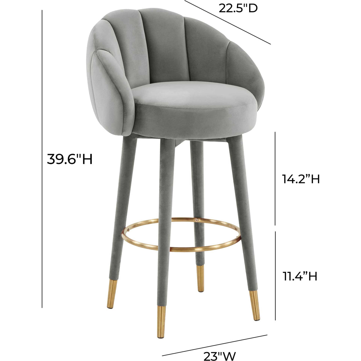 Light gray velvet bar stool measures 39.6 inches tall and 23 inches wide for elevated seating