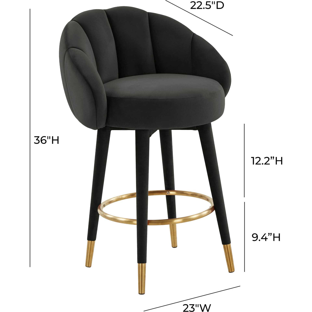 Black velvet counter stool measures 36 inches tall and 23 inches wide with a round gold footrest