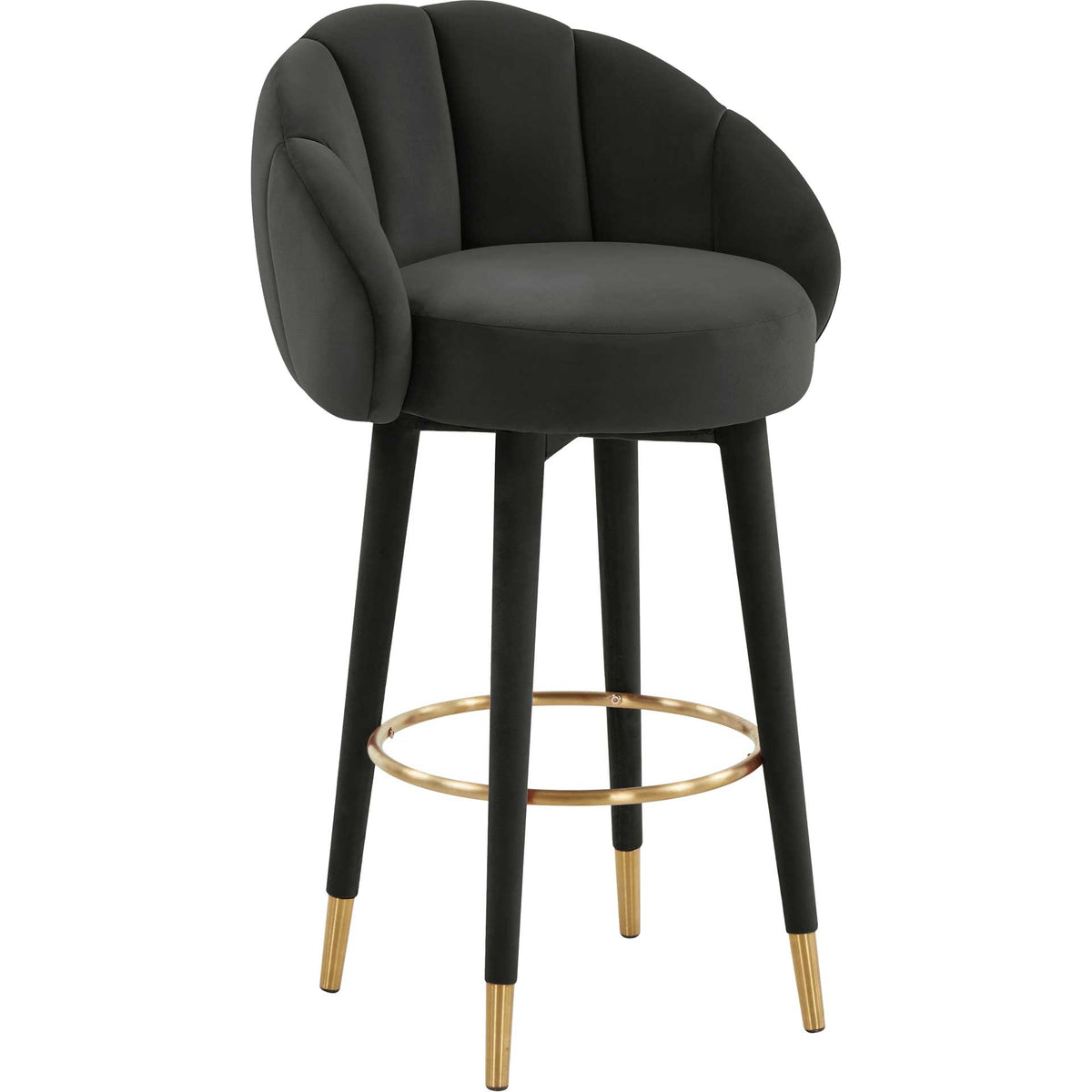 Black velvet bar stool with a petal-shaped back, slim legs, and gold accents || TOV-D68244 || front_angle_studio