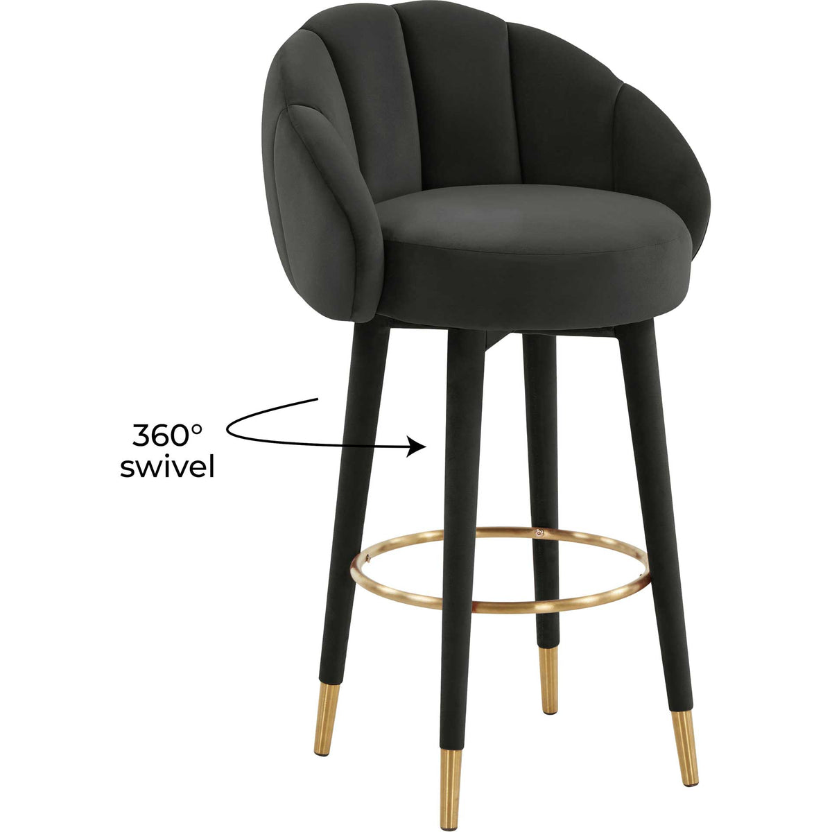 Black velvet bar stool with 360-degree swivel seating and a polished gold ring footrest