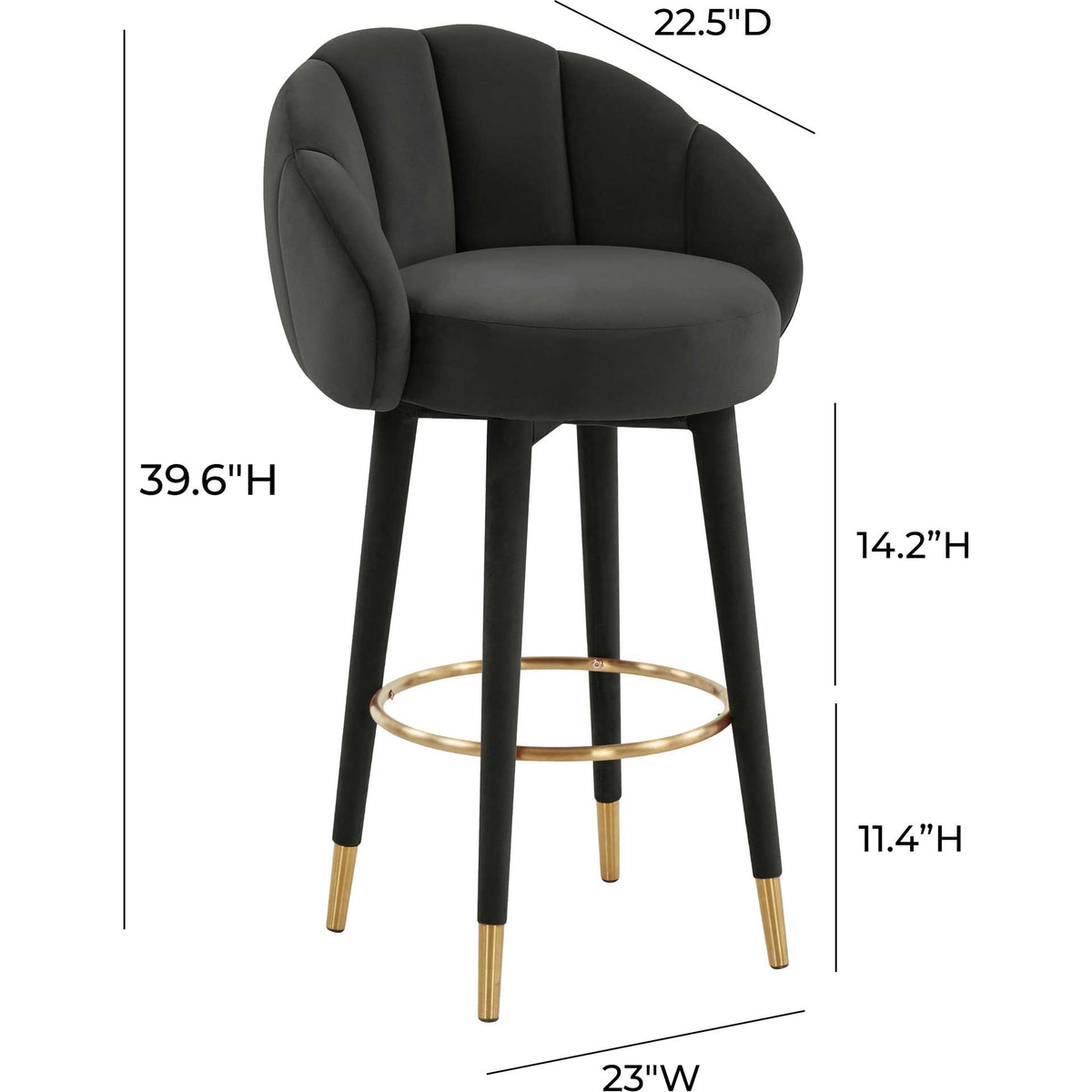 Black velvet bar stool stands 39.6 inches tall with a 23-inch width and a gold ring footrest