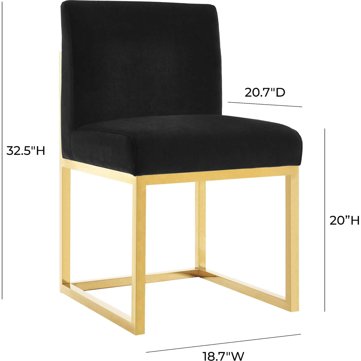 This black velvet chair measures 18.7 inches wide and 32.5 inches tall, with a 20-inch seat height