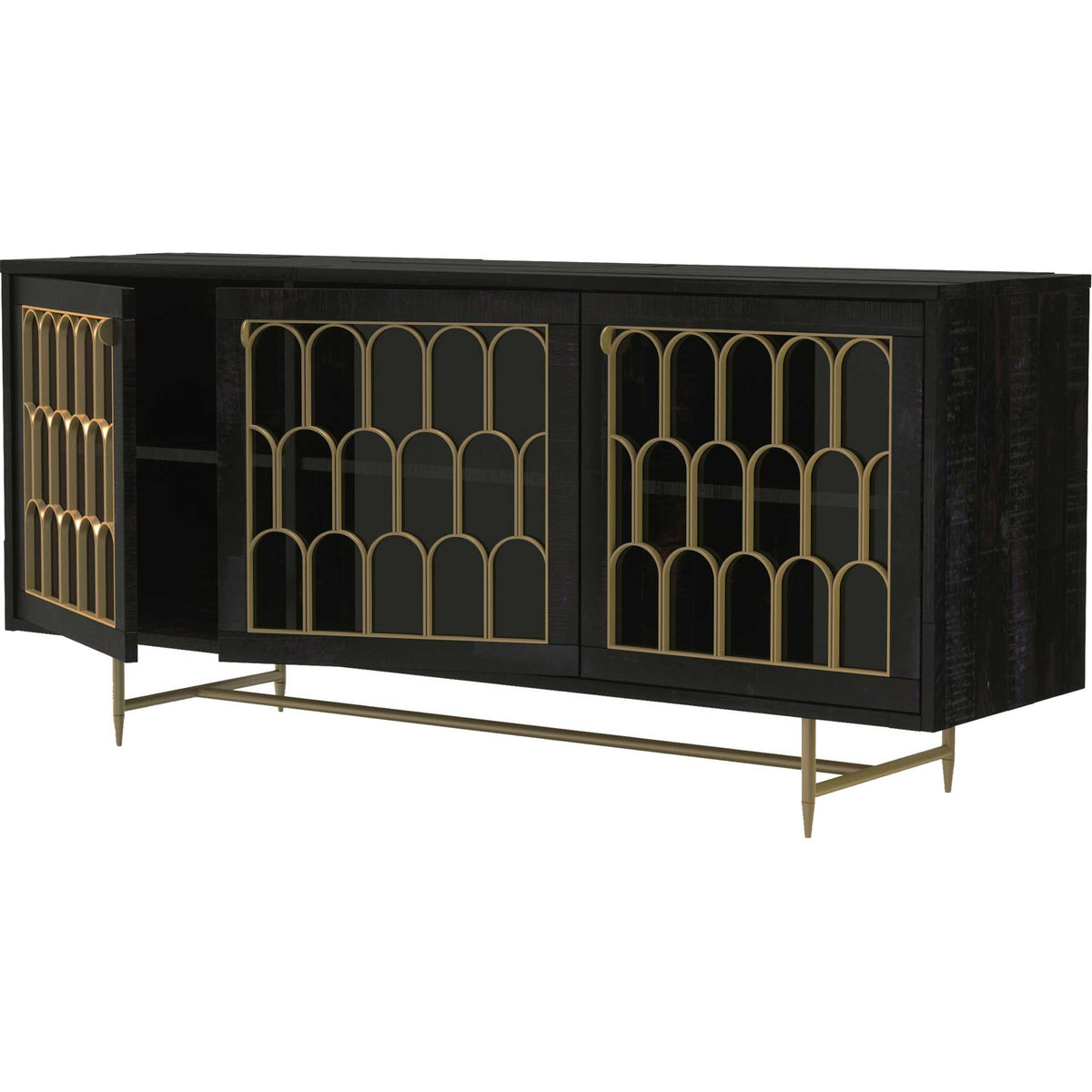 Adjustable shelves offer flexible storage behind decorative arched glass doors.
