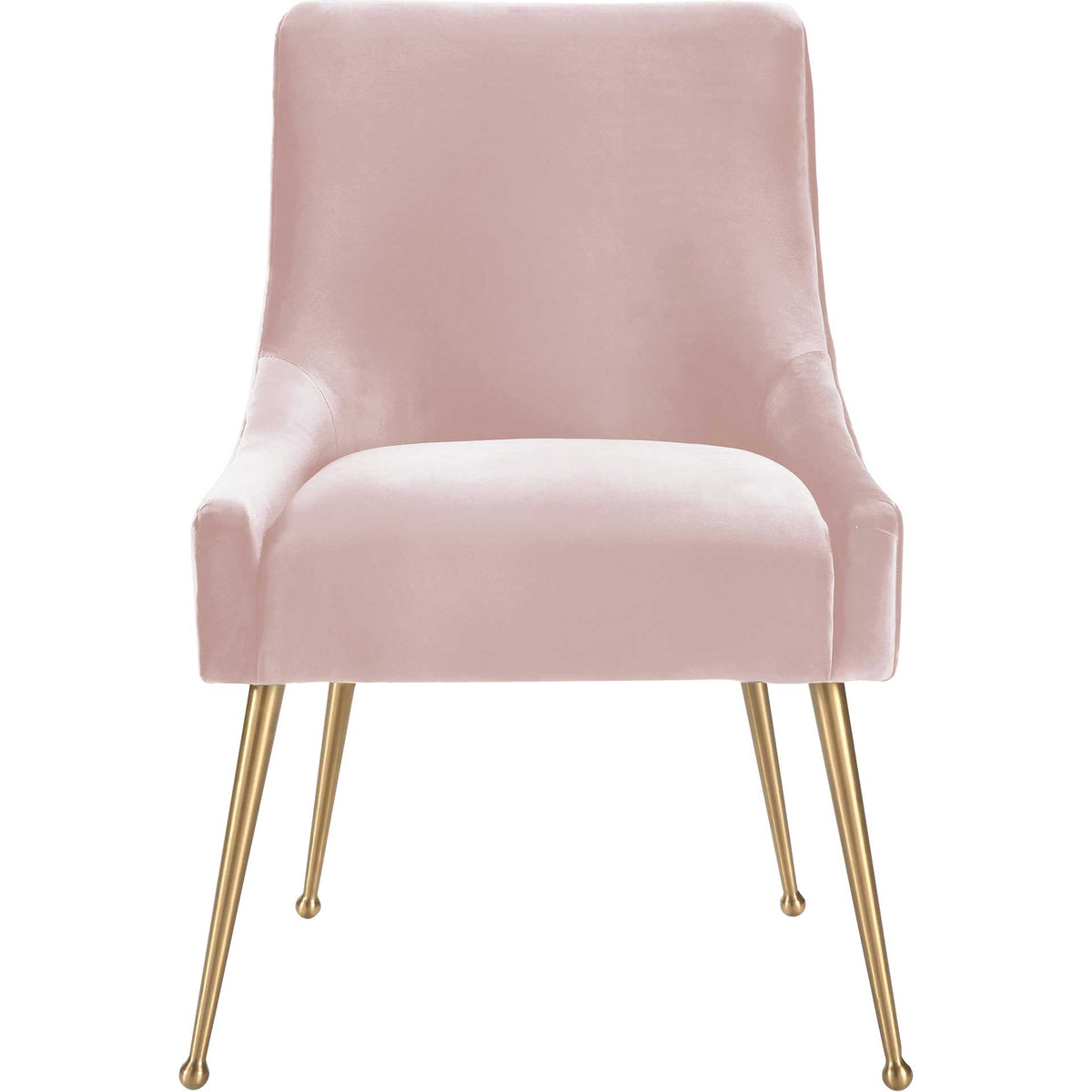 Soft blush velvet and a tall curved back create an inviting dining chair with slender gold legs. || TOV-D7222 || front_studio