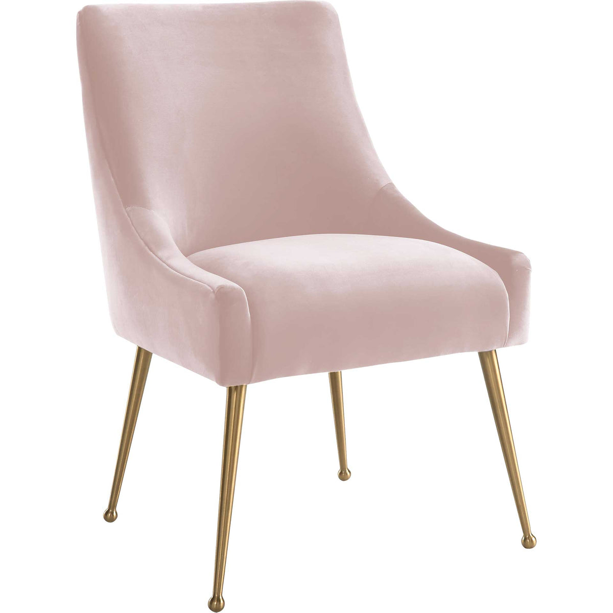 Blush velvet dining chair pairs a rounded cushioned seat with swept sides and tapered gold legs. || TOV-D7222 || front_angle_studio