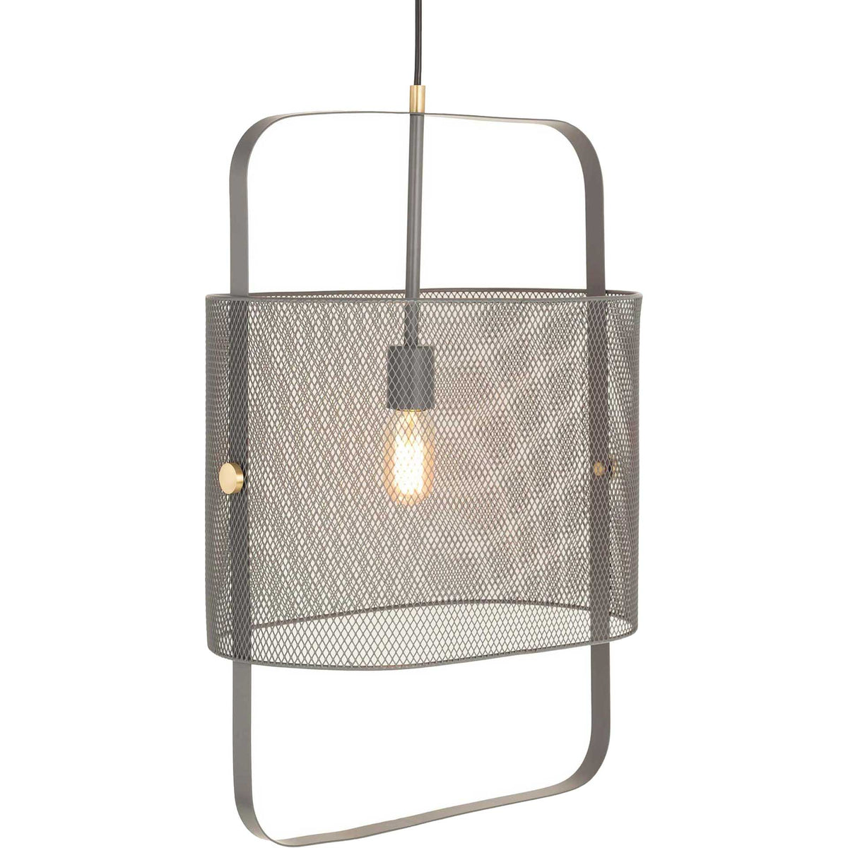 Warm light glows through a gray mesh shade framed by rounded corners and brass accents