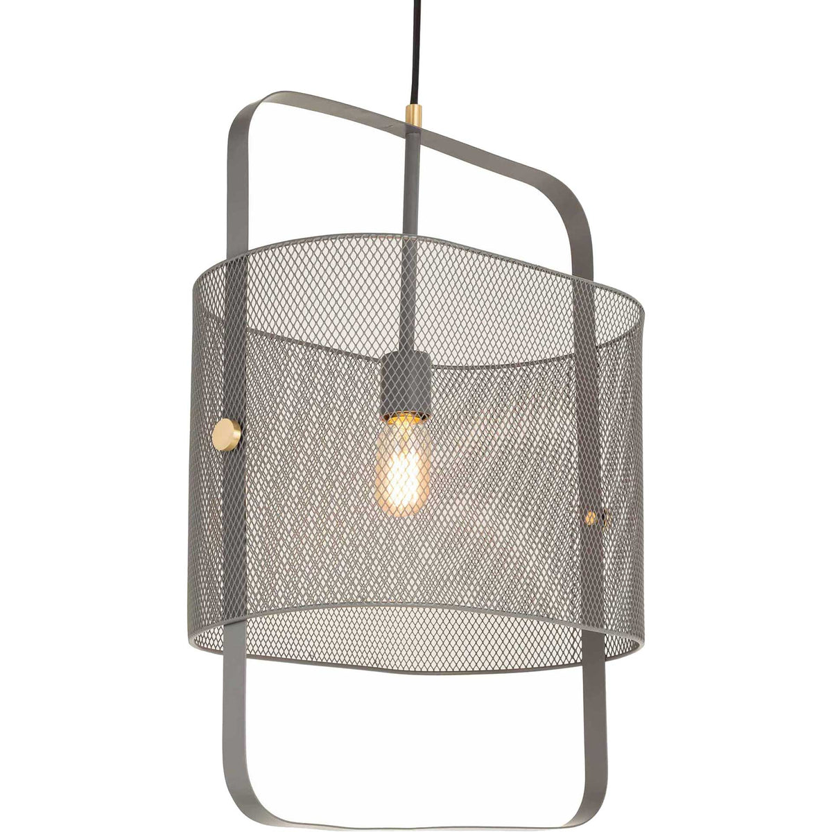 A glowing bulb brings warmth to the sculptural gray pendant with its diamond mesh and open iron frame
