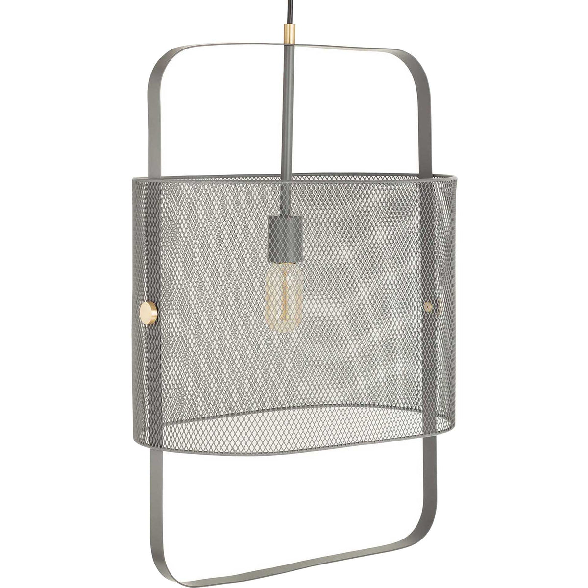 Gray iron pendant pairs a curved mesh shade with an open rectangular frame and brass accents || TOV-G18263 || front_angle_studio