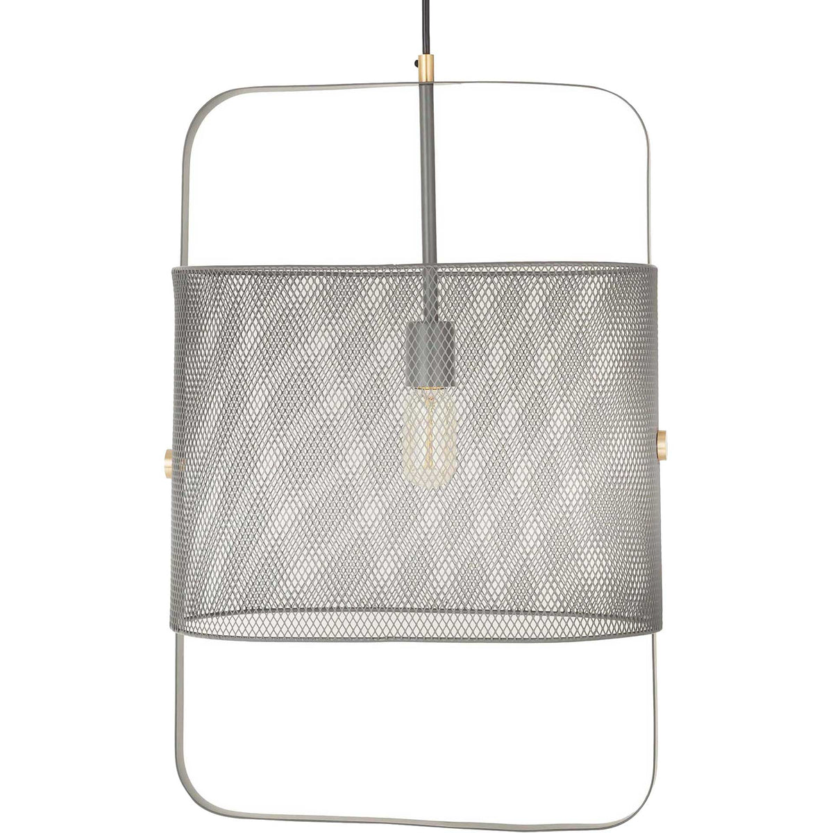 An exposed bulb and airy diamond mesh give this gray pendant a clean, industrial look || TOV-G18263 || front_studio