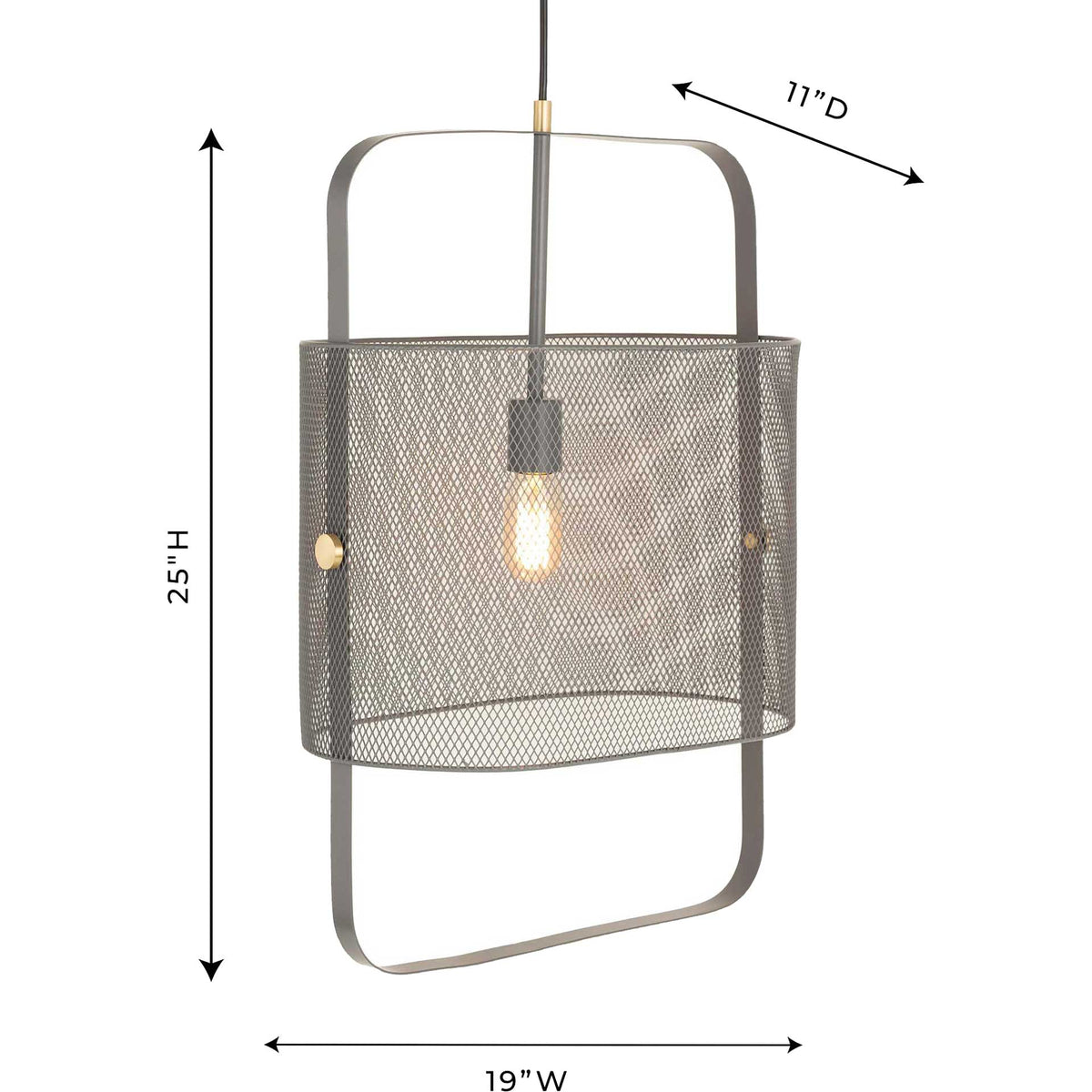 Gray mesh pendant measures 19 inches wide, 11 inches deep, and 25 inches high