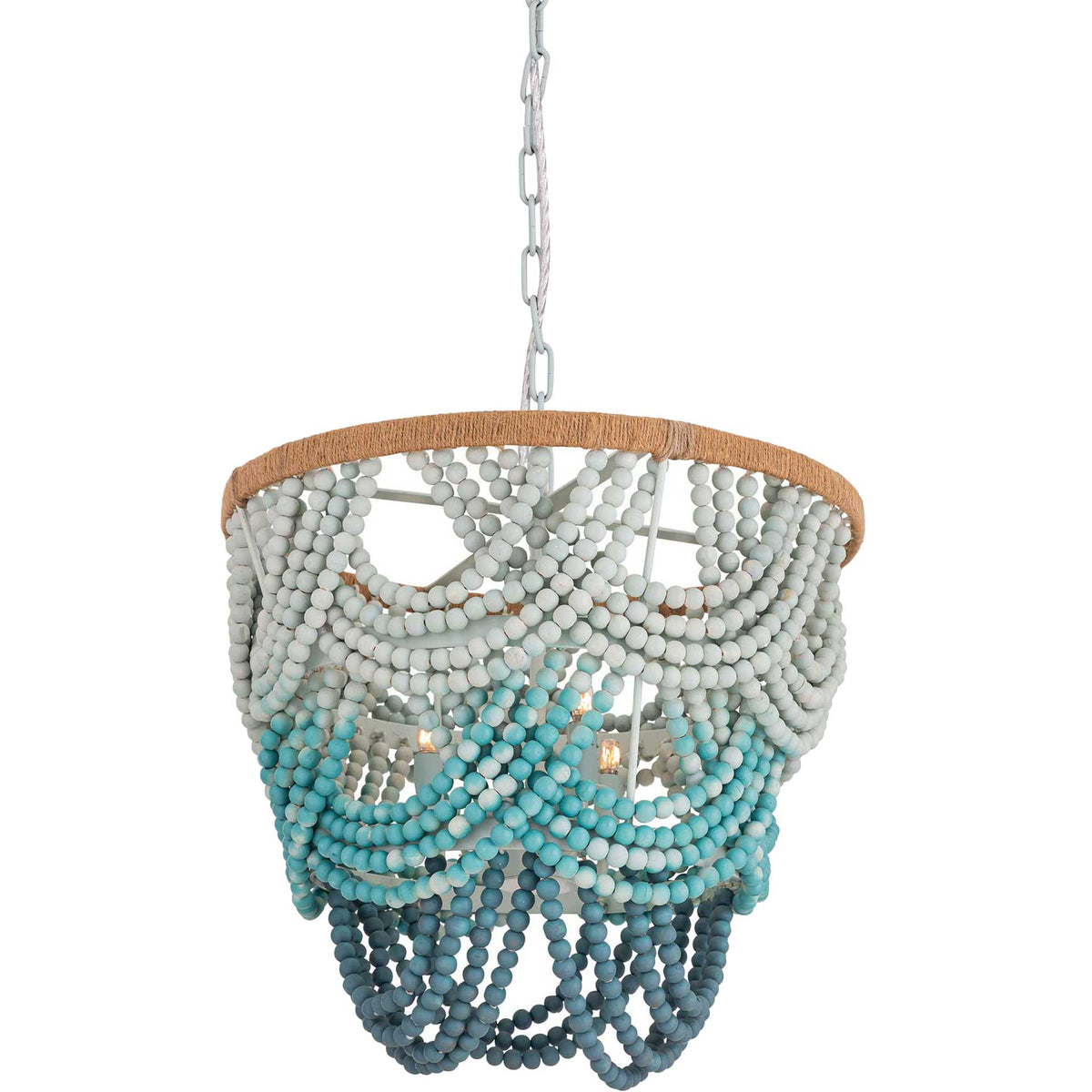 Cascading wood beads fade from pale mint to turquoise and deep blue beneath a rope-wrapped rim. || TOV-G18306 || front_angle_studio