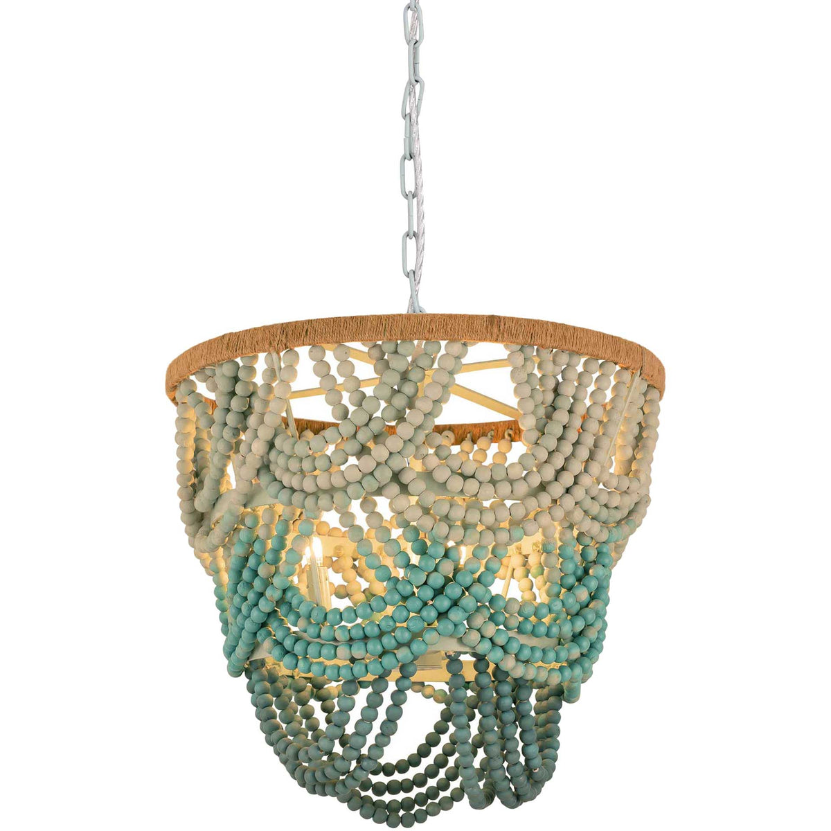 Warm light glows through layered ombre beads, highlighting the chandelier's relaxed, bohemian texture.