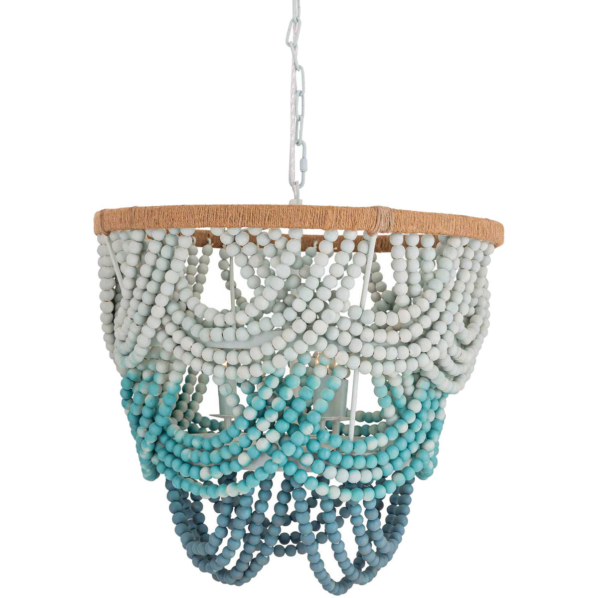 Draped wood bead swags and an open iron frame give this chandelier an airy, sculptural silhouette. || TOV-G18306 || front_studio