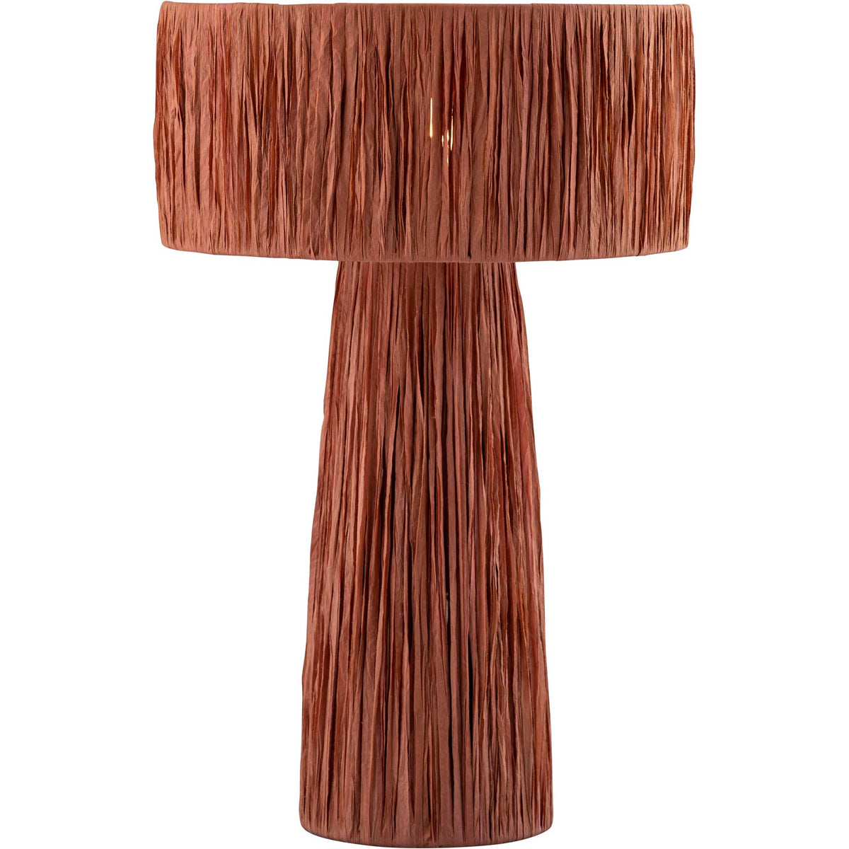 Brick-colored raffia lends earthy warmth to a table lamp with a wide drum shade and tapered base || TOV-G18378 || front_studio