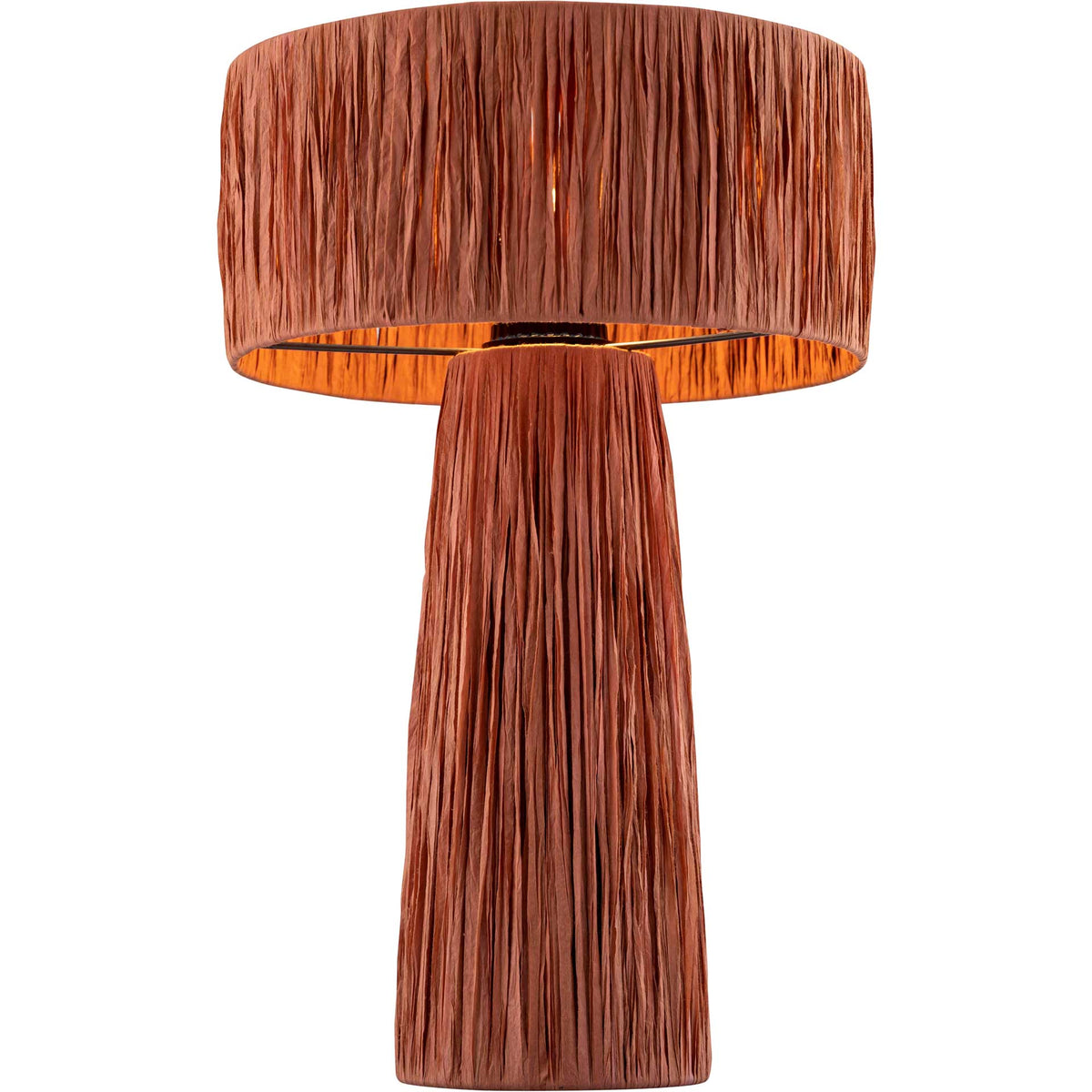 Warm light shines through a brick raffia shade above a richly textured conical base